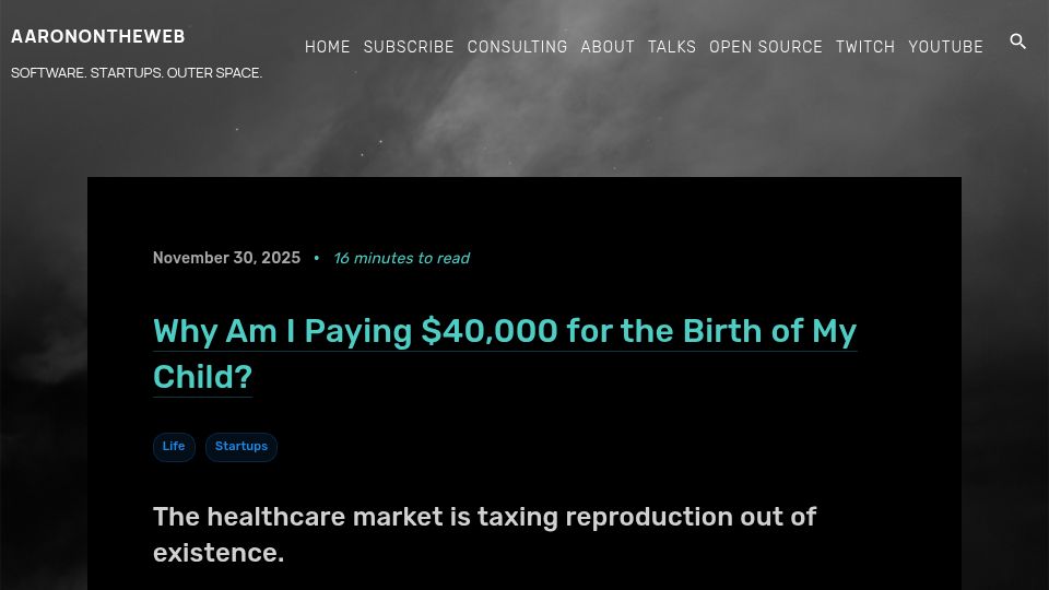 Screenshot of aaronstannard.com: The healthcare market is taxing reproduction out of existence