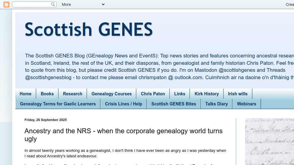 Screenshot of scottishgenes.blogspot.com: Ancestry and the NRS: when the corporate genealogy world turns ugly