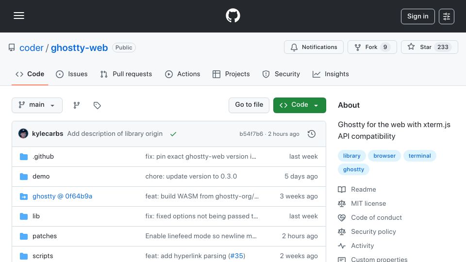 Screenshot of github.com: Ghostty compiled to WASM with xterm.js API compatibility