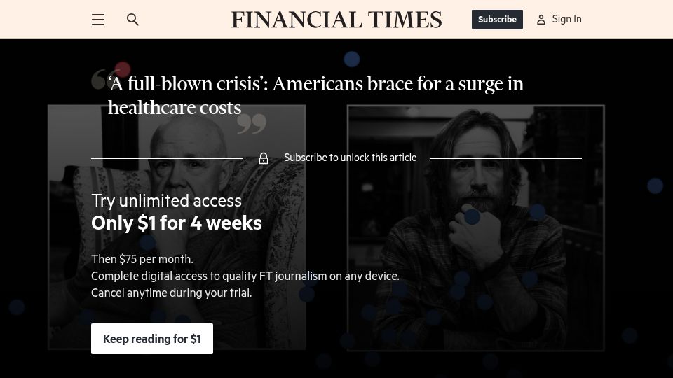 Screenshot of ft.com: 'A full-blown crisis': Americans brace for a surge in healthcare costs