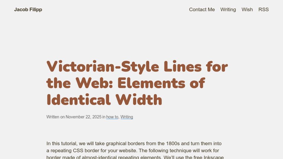 Screenshot of jacobfilipp.com: Victorian-style lines for the web: Elements of identical width