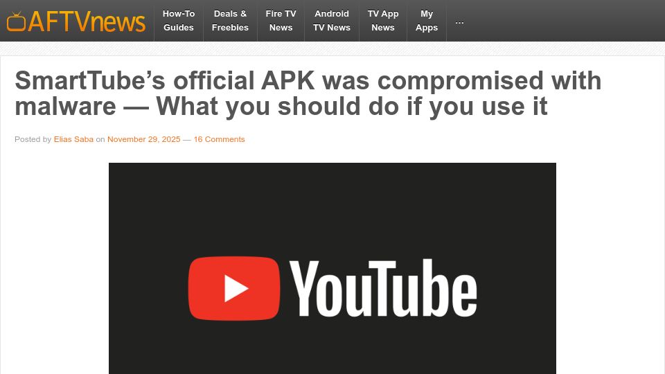 Screenshot of aftvnews.com: SmartTube Compromised
