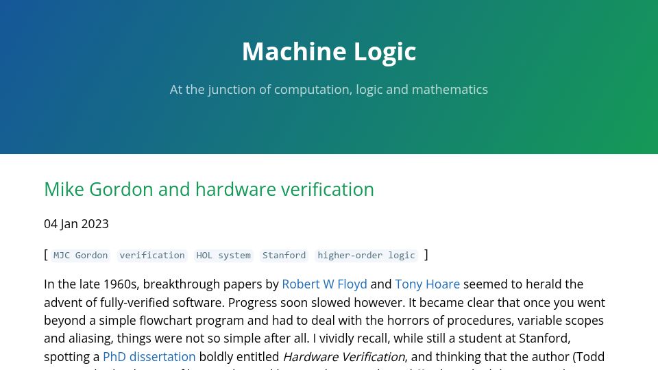 Screenshot of lawrencecpaulson.github.io: Mike Gordon and hardware verification (2023)
