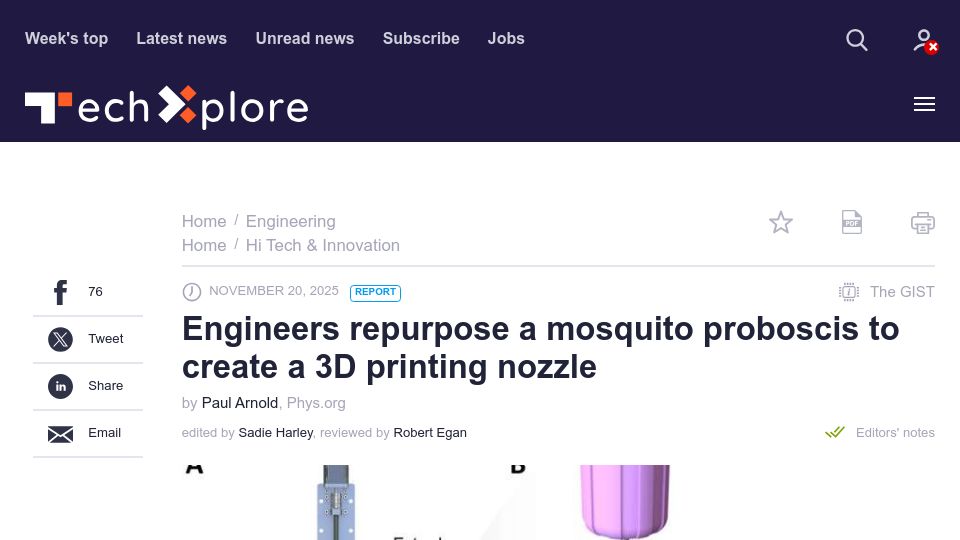 Screenshot of techxplore.com: Engineers repurpose a mosquito proboscis to create a 3D printing nozzle