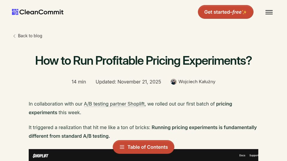 Screenshot of cleancommit.io: How to Run Profitable Pricing Experiments?