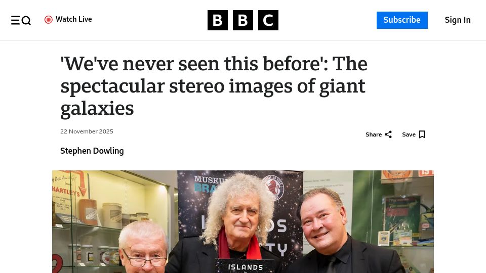Screenshot of bbc.com: Stereo Images of Giant Galaxies