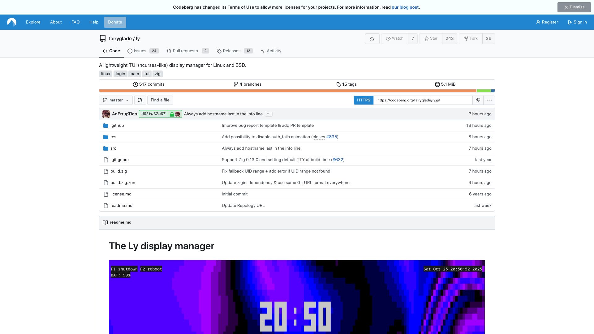 Screenshot of codeberg.org: Ly – A lightweight TUI (ncurses-like) display manager for Linux and BSD