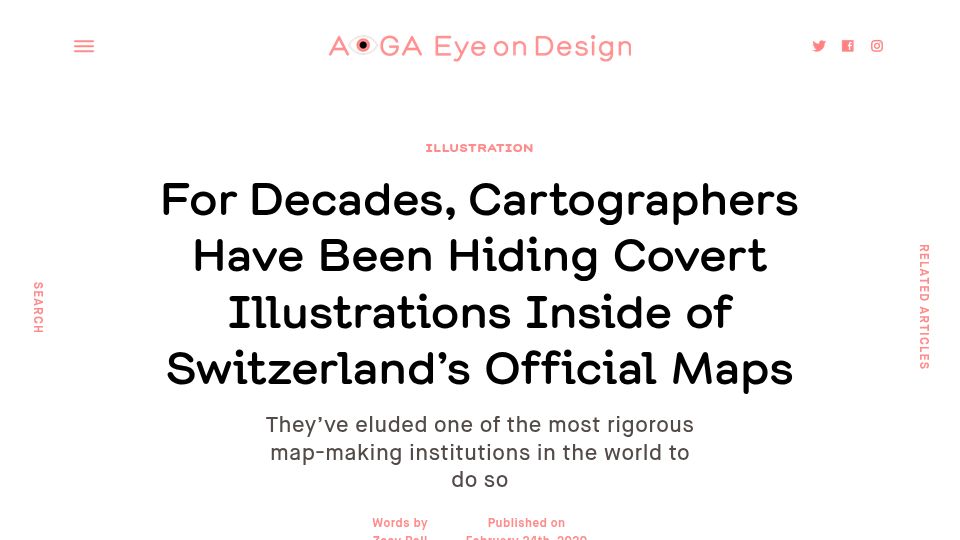 Screenshot of eyeondesign.aiga.org: Cartographers have been hiding illustrations inside Switzerland’s maps (2020)