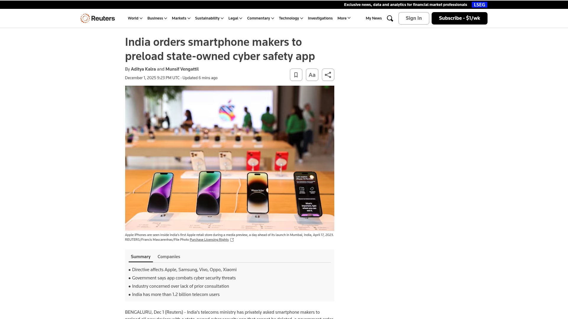 Screenshot of reuters.com: India orders smartphone makers to preload state-owned cyber safety app