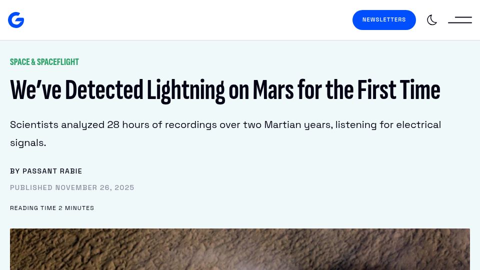 Screenshot of gizmodo.com: Detection of triboelectric discharges during dust events on Mars