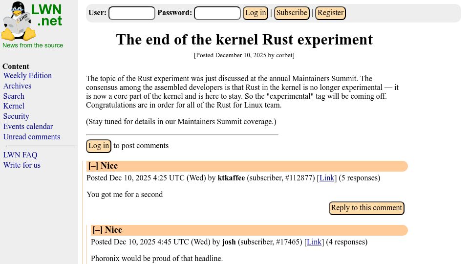 Screenshot of lwn.net: Rust in the kernel is no longer experimental