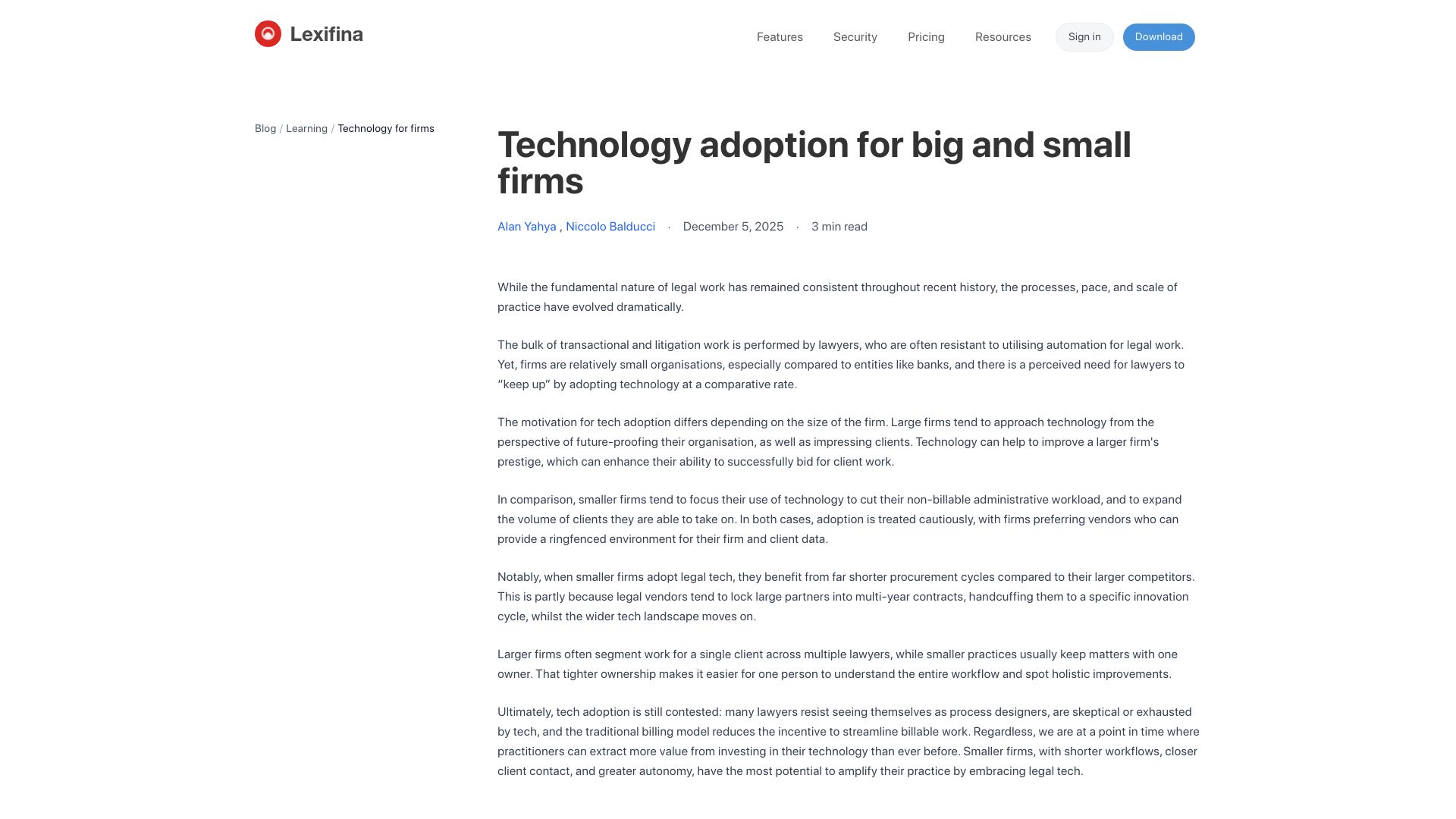 Screenshot of lexifina.com: Tech for Small vs. Big Firms