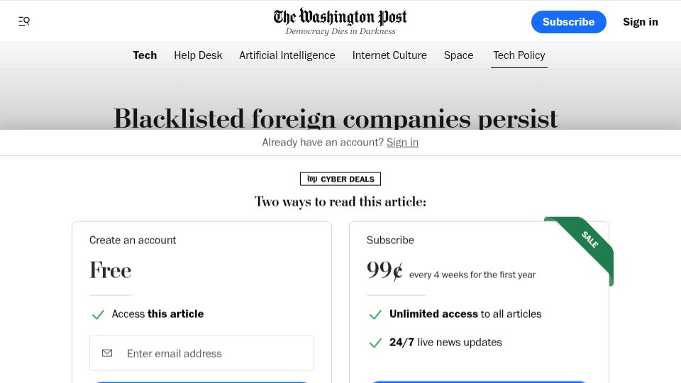 Screenshot of washingtonpost.com: Apple Faces Scrutiny as Sanctioned Entities Slip Through App Store Controls