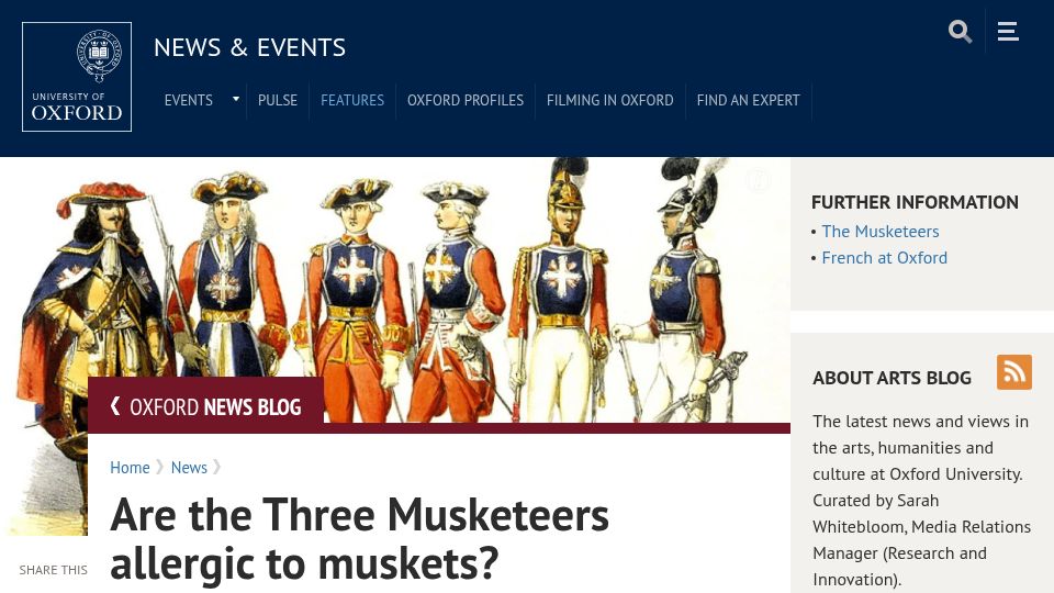 Screenshot of ox.ac.uk: Are the Three Musketeers allergic to muskets? (2014)