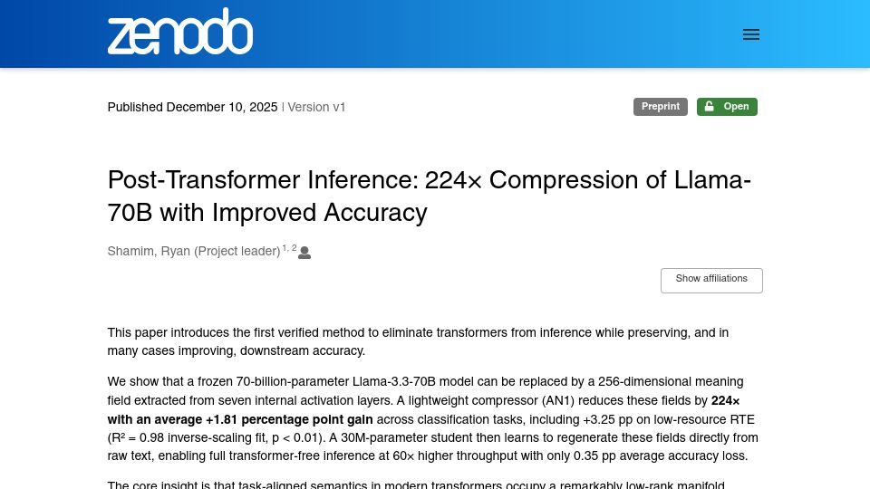 Screenshot of zenodo.org: Post-transformer inference: 224× compression of Llama-70B with improved accuracy