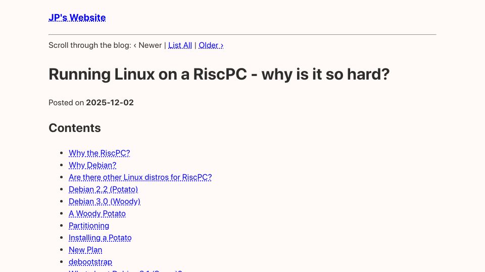 Screenshot of thejpster.org.uk: Running Linux on a RiscPC – why is it so hard?