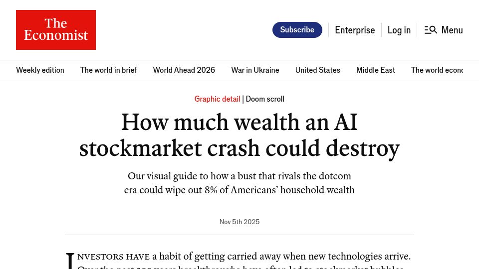 Screenshot of economist.com: How Much Wealth an AI Stock Market Crash Could Destroy