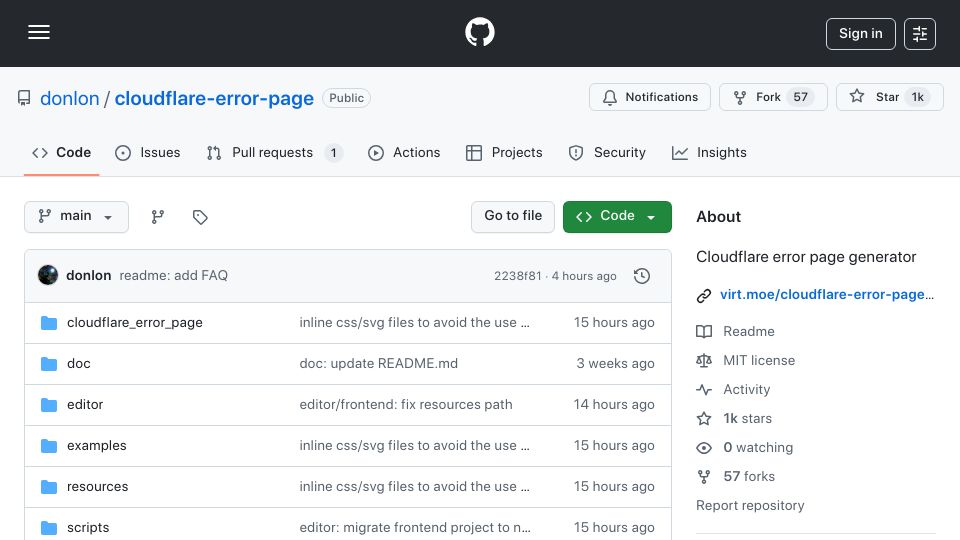 Screenshot of github.com: Cloudflare error page generator