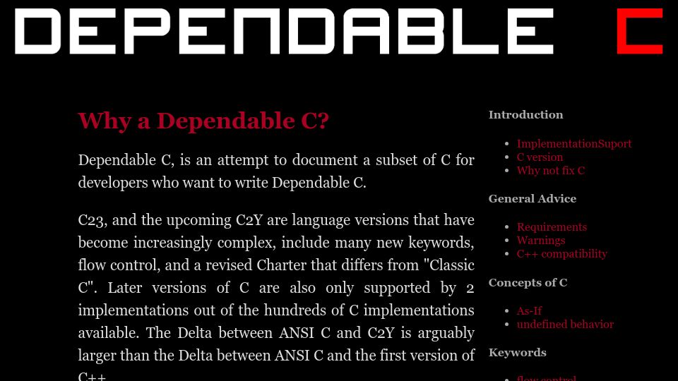 Screenshot of dependablec.org: Dependable C