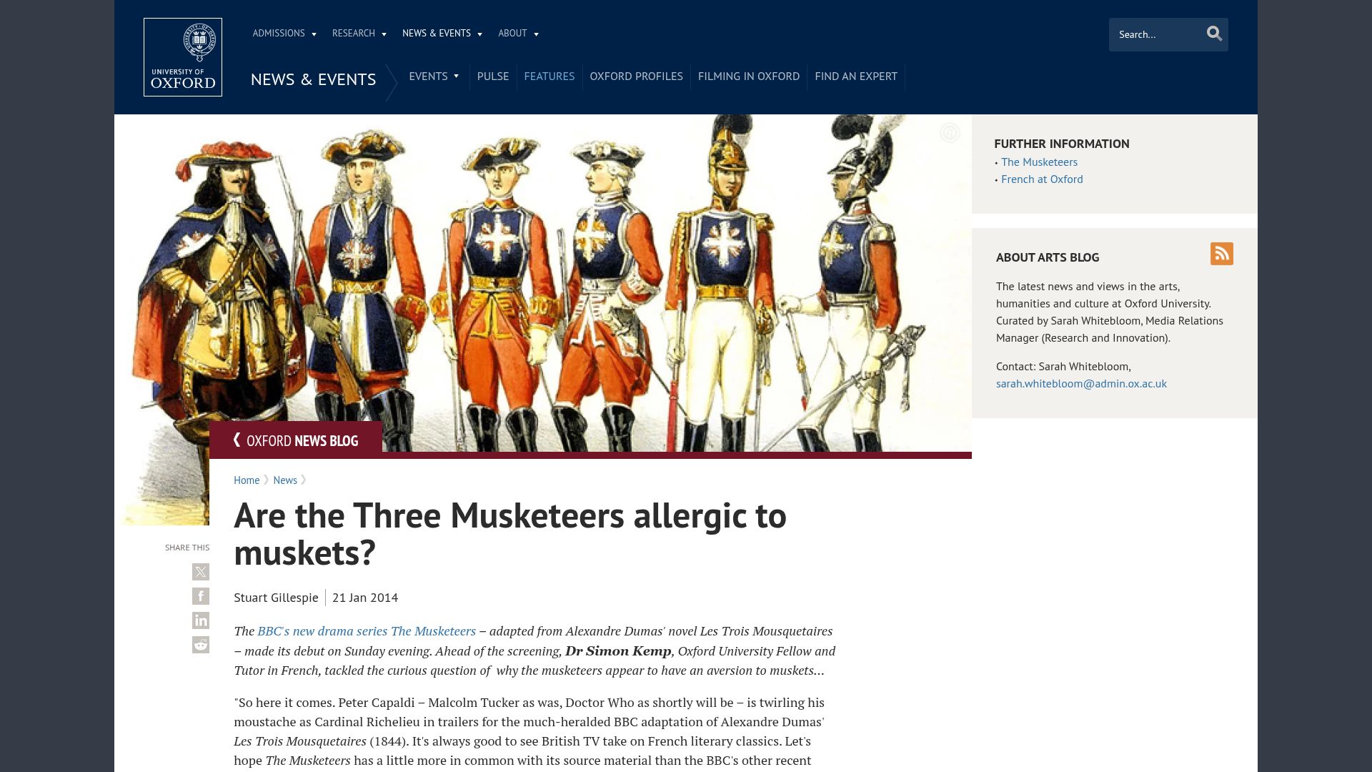 Screenshot of ox.ac.uk: Are the Three Musketeers allergic to muskets? (2014)