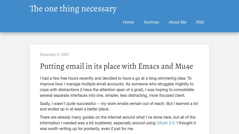 Screenshot of eamonnsullivan.co.uk: Putting email in its place with Emacs and Mu4e