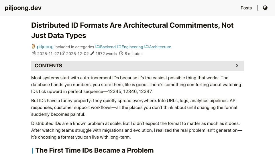Screenshot of piljoong.dev: Distributed ID formats are architectural commitments, not just data types