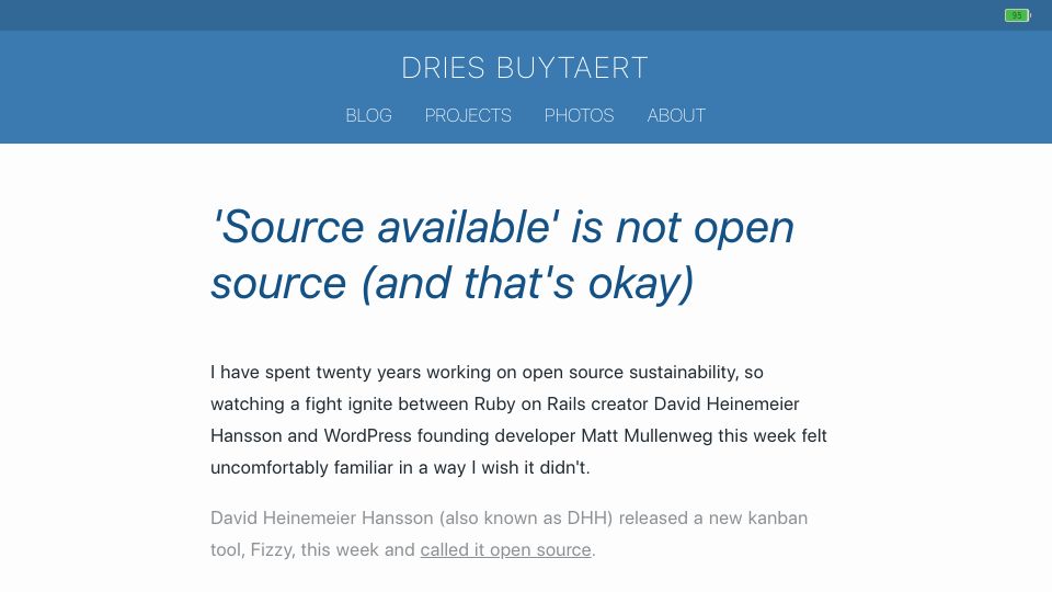 Screenshot of dri.es: 'Source available' is not open source (and that's okay)