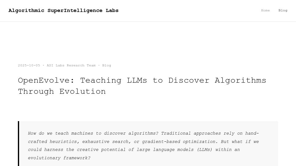 Screenshot of algorithmicsuperintelligence.ai: OpenEvolve: Teaching LLMs to Discover Algorithms Through Evolution