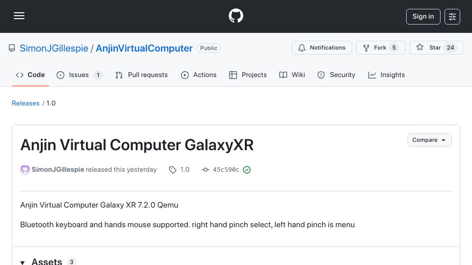 Screenshot of github.com: First PC Emulator Launched for Galaxy XR
