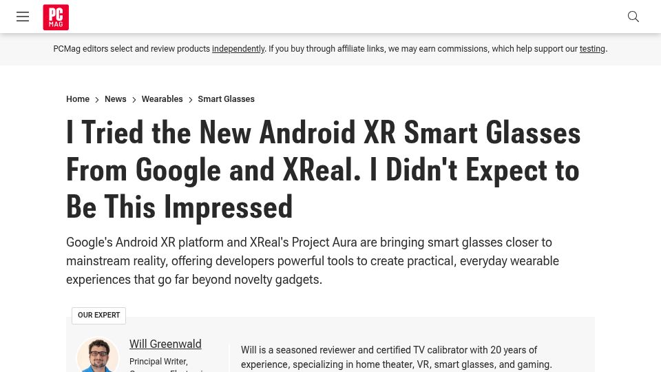 Screenshot of pcmag.com: I Tried the New Android XR Smart Glasses from Google and XReal