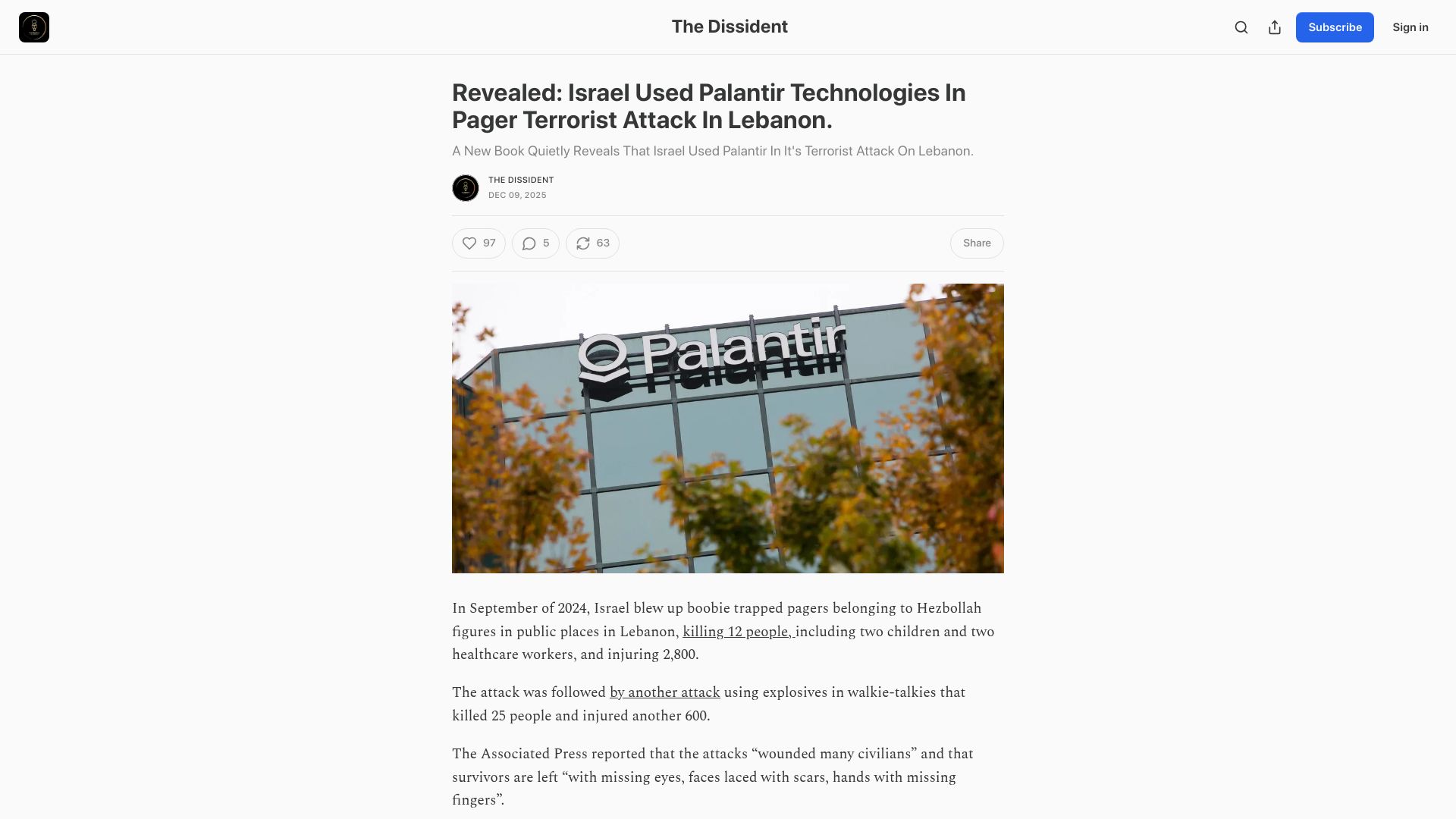 Screenshot of the307.substack.com: Israel used Palantir technologies in pager attack in Lebanon