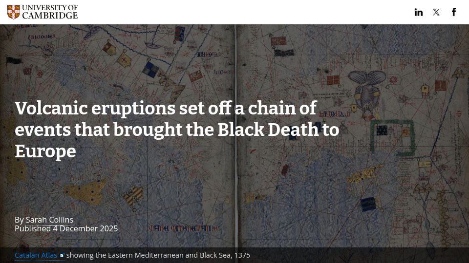 Screenshot of cam.ac.uk: Volcanic eruptions set off a chain of events that brought Black Death to Europe