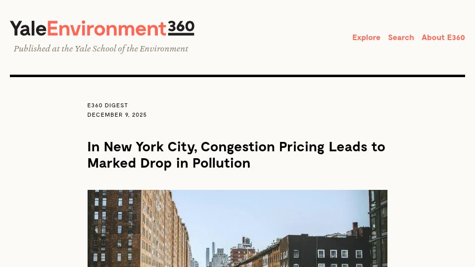Screenshot of e360.yale.edu: In New York City, congestion pricing leads to marked drop in pollution