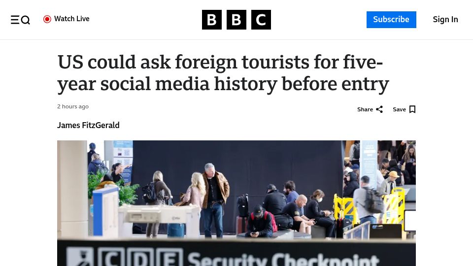 Screenshot of bbc.co.uk: US could ask foreign tourists for five-year social media history before entry