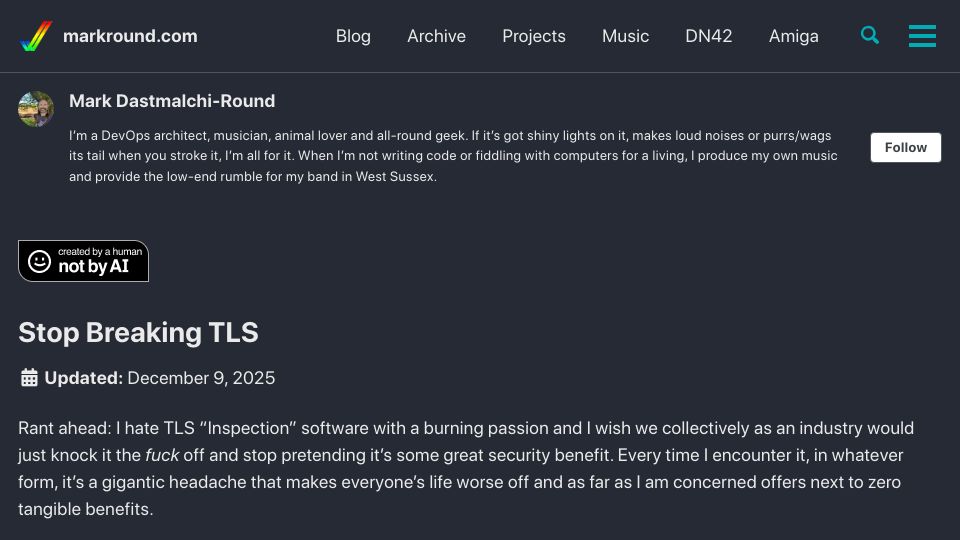 Screenshot of markround.com: Stop Breaking TLS