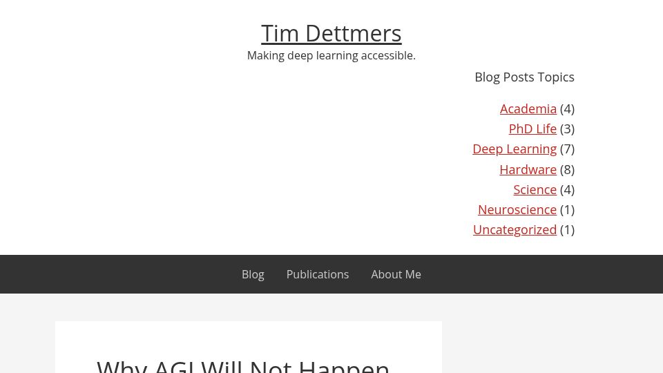 Screenshot of timdettmers.com: Why AGI Will Not Happen