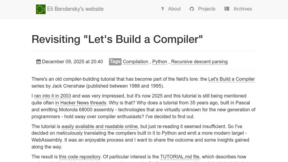 Screenshot of eli.thegreenplace.net: Revisiting "Let's Build a Compiler"