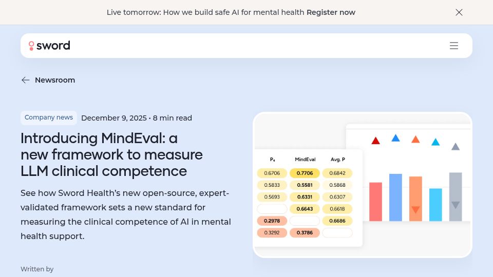 Screenshot of swordhealth.com: New benchmark shows top LLMs struggle in real mental health care