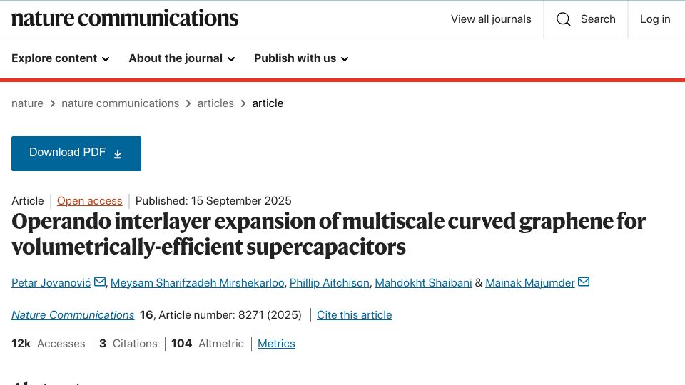 Screenshot of nature.com: Operando interlayer expansion of curved graphene for dense supercapacitors