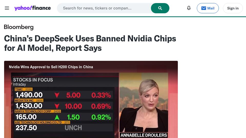 Screenshot of finance.yahoo.com: DeepSeek uses banned Nvidia chips for AI model, report says