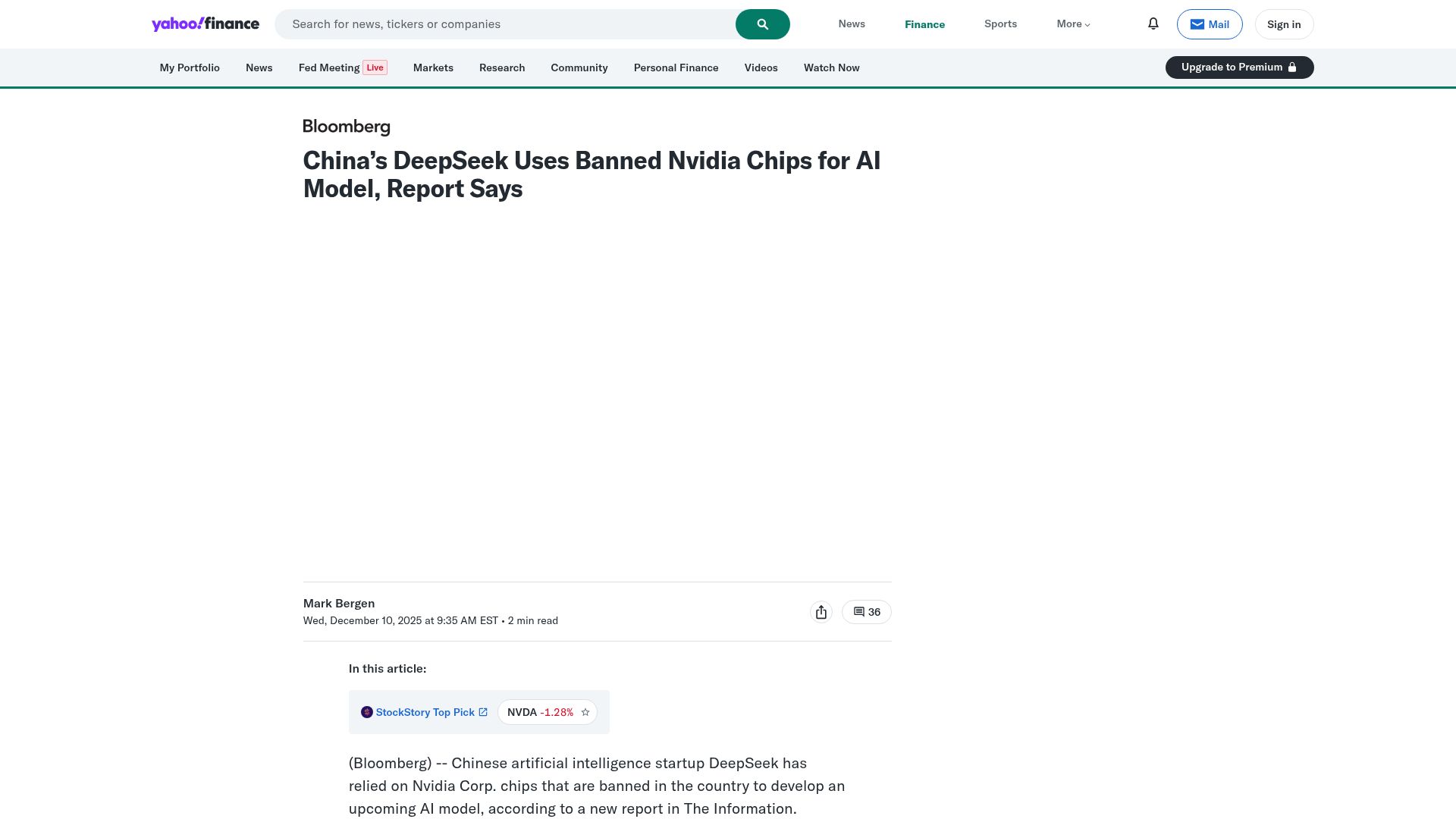 Screenshot of finance.yahoo.com: DeepSeek uses banned Nvidia chips for AI model, report says