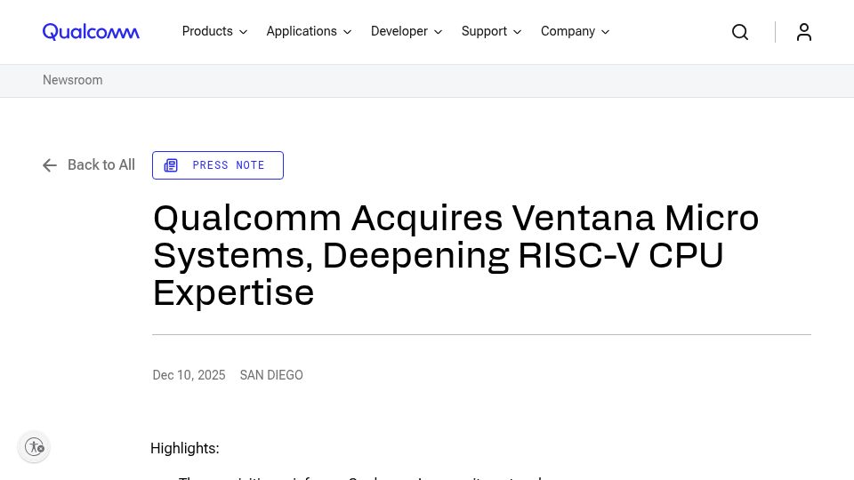 Screenshot of qualcomm.com: Qualcomm acquires RISC-V focused Ventana Micro Systems