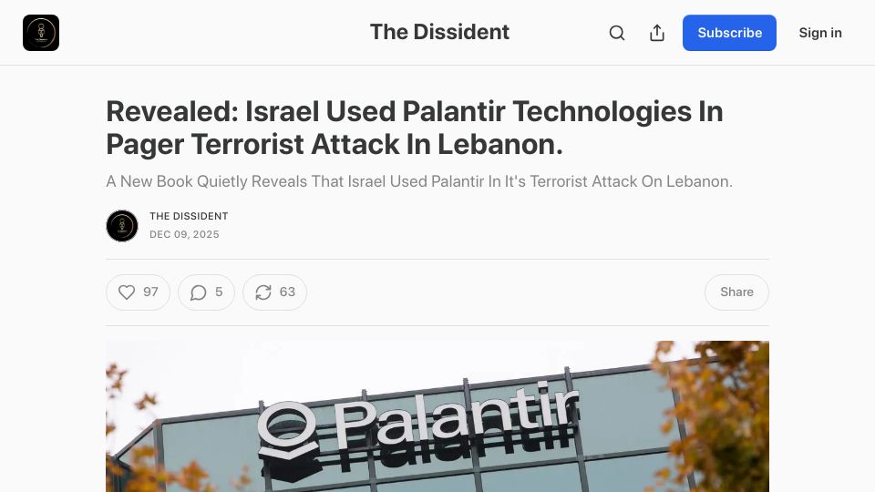 Screenshot of the307.substack.com: Israel used Palantir technologies in pager attack in Lebanon