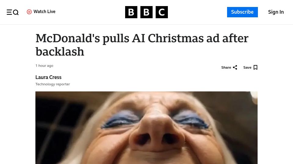 Screenshot of bbc.co.uk: McDonald's pulls AI Christmas ad after backlash