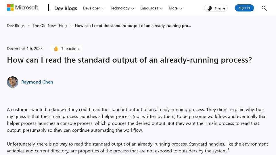 Screenshot of devblogs.microsoft.com: How can I read the standard output of an already-running process?
