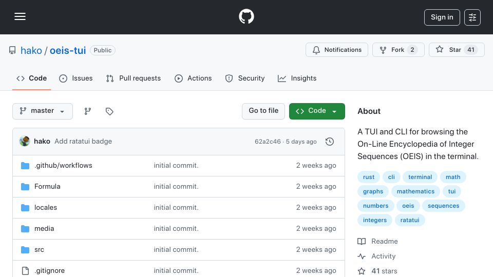 Screenshot of github.com: Show HN: oeis-tui – A TUI to search OEIS integer sequences in the terminal