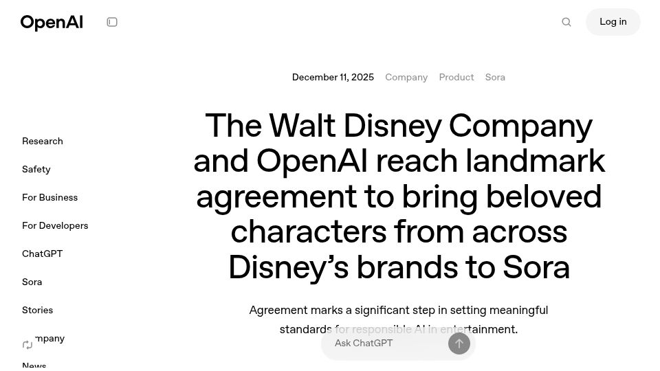 Screenshot of openai.com: The Walt Disney Company and OpenAI Partner on Sora