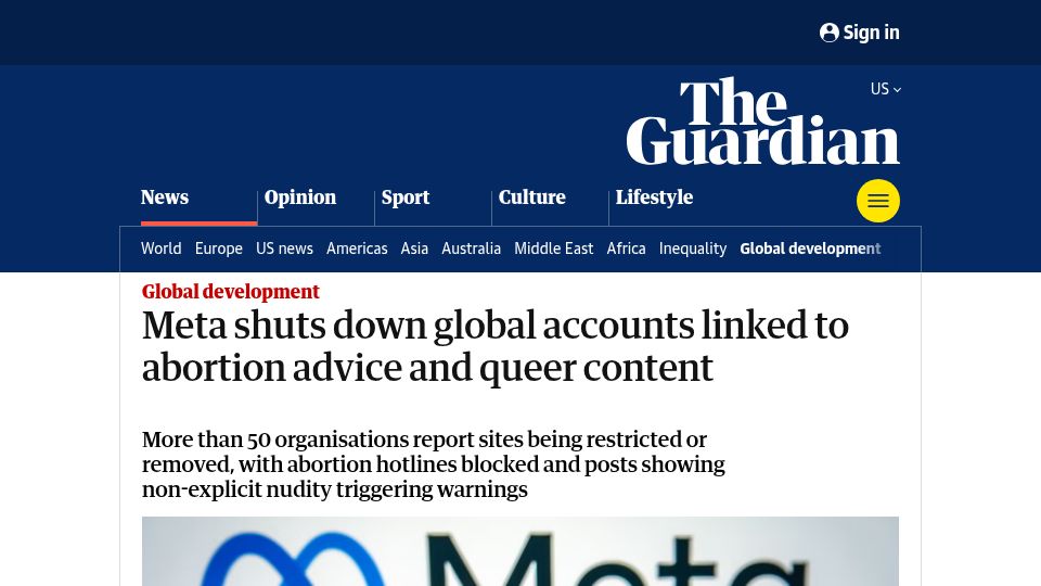 Screenshot of theguardian.com: Meta shuts down global accounts linked to abortion advice and queer content