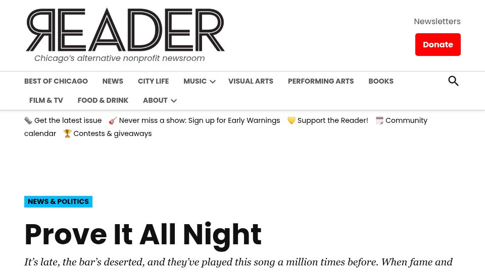 Screenshot of chicagoreader.com: Prove It All Night: With no fame or fortune, what keeps a band onstage? (1999)