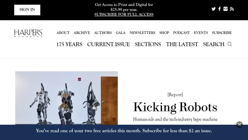 Screenshot of harpers.org: Kicking Robots